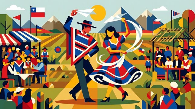 Traditional chilean folk dance with mountains and flags