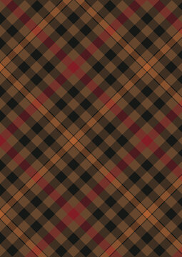 Classic dark brown, black, orange, and red diagonal plaid checkered tartan pattern seamless vector background.