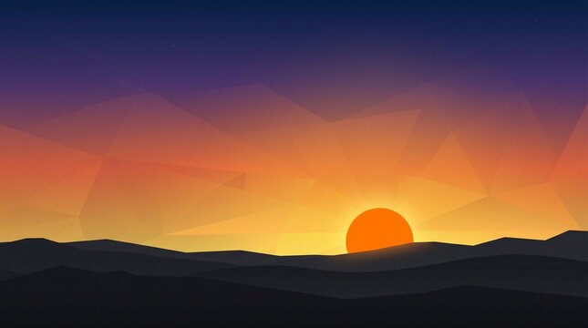 Geometric landscape with orange sun setting over silhouetted mountains