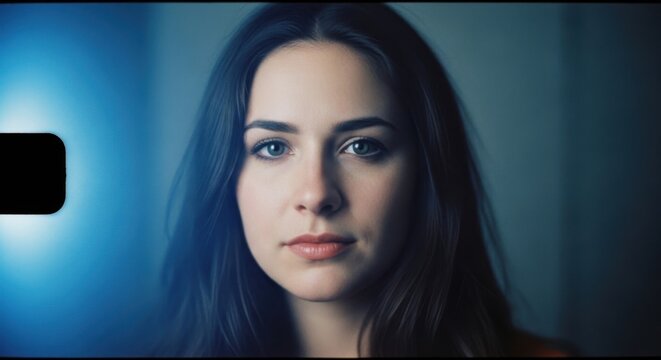 Close up portrait of a young woman with long dark hair looking at the camera with a soft blue light on the left side of the frame