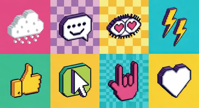Retro 8-Bit Pixel Art Icon Set with Cloud, Speech Bubble, Heart Eyes, Lightning, Thumbs Up, Cursor, Rock On Hand and Heart
