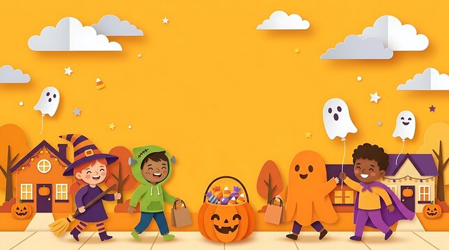 Halloween background featuring children in costumes trick or treating in paper cut style illustration for seasonal web banners and holiday headers.