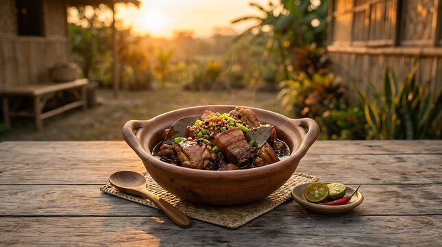 Filipino pork and chicken adobo in a clay pot at sunset