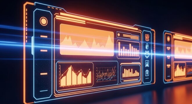 Futuristic digital interface dashboard with glowing orange data charts and graphs on a dark background, with blue horizontal, light streaks