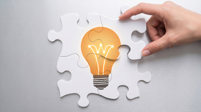 Hand completing a jigsaw puzzle with a glowing light bulb. Symbolizes innovation and business strategy