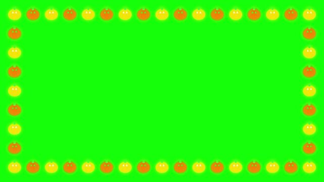 Halloween frame overlay animated flickering glowing orange jack-o'-lantern pumpkin border on green screen background