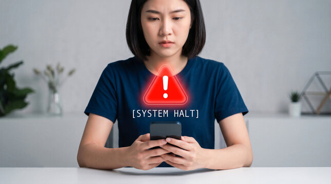 Woman looking at a smartphone with system halt error and warning. Concept for cyber security, tech issues, and software bugs