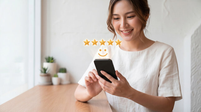 Smiling woman giving a five-star rating and positive feedback on her smartphone