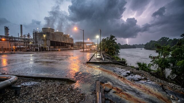 Industrial Plant During Severe Thunderstorm With Lightning Over Tropical River