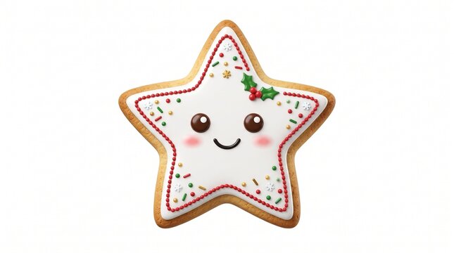 Smiling star-shaped Christmas sugar cookie with icing and colorful sprinkles for festive holiday dessert display