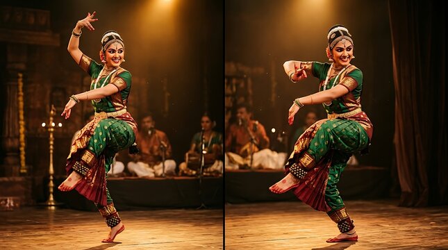 Indian classical dancer performing bharatanatyam on stage