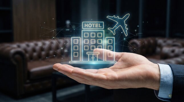 Digital global business online travel planning vacation booking concept with hologram hotel and airplane icons above hand