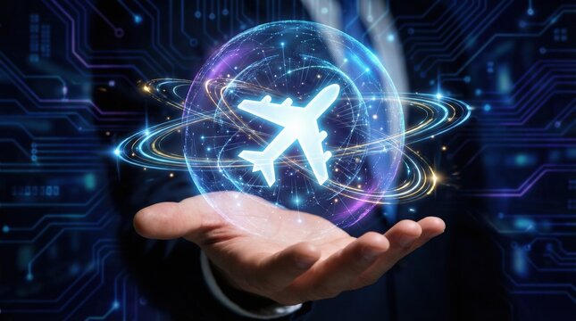 Digital global business online travel planning vacation booking concept with airplane icon in hand and technology background