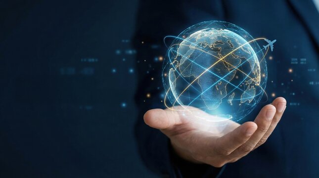 Digital global business travel planning and online vacation booking concept with hand holding earth and airplane flight path