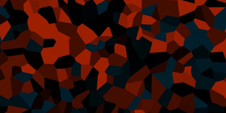 Abstract black background with fragmented red and blue polygon shapes creating a bold camouflage inspired geometric texture