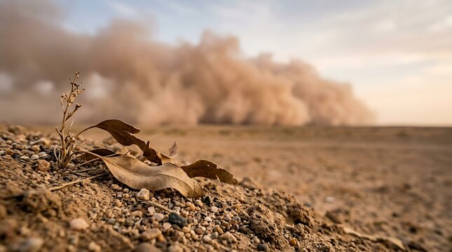 Massive sandstorm wall approaching over dry desert ground