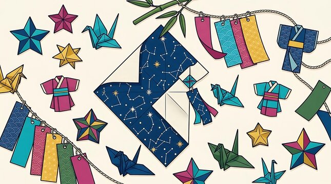 Traditional japanese tanabata festival origami decorations and stars