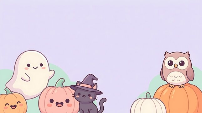 Cute Halloween background with kawaii ghost black cat and pumpkins on pastel purple backdrop for web hero banners and seasonal presentations