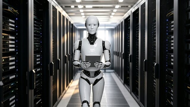 Humanoid robot monitoring servers in a modern data center