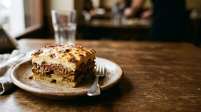 Traditional greek moussaka served on a rustic plate in a restaurant