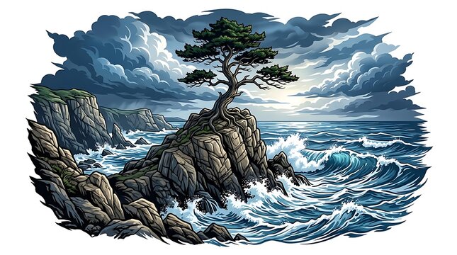 Lone pine tree on rocky cliff with crashing ocean waves