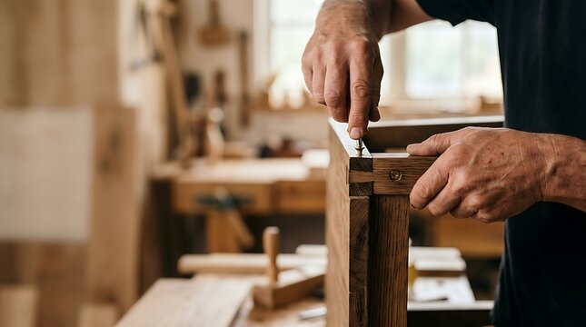 Close up of hands joining wood with a screw in a carpentry workshop
