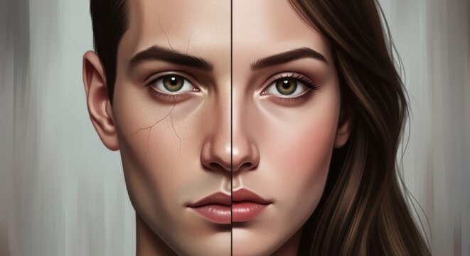 Split face portrait of a young man and a young woman showing skin texture differences, aging, and skincare concept with a neutral background