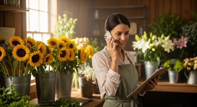 Female florist talking on phone while holding tablet in flower shop.