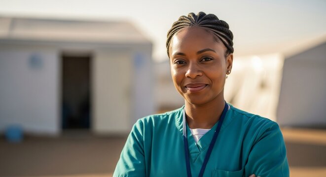 Female medical worker in scrubs at relief site.
