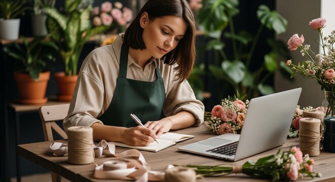Female florist writing notes and using a laptop at a desk with fresh flowers.
