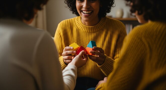 Friends playing with colorful wooden blocks together indoors.
