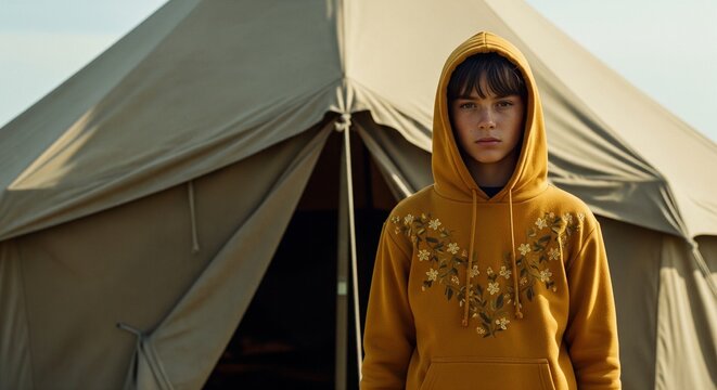 Girl in yellow hoodie standing by canvas tent.