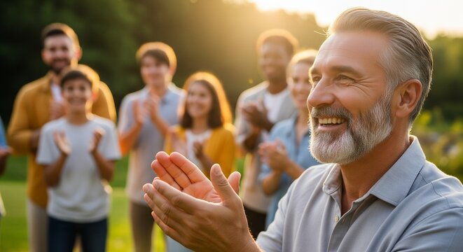Group of people clapping for a happy senior man in a park.