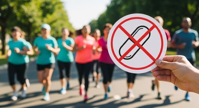 Group of people jogging outdoors with a no drugs symbol in foreground.