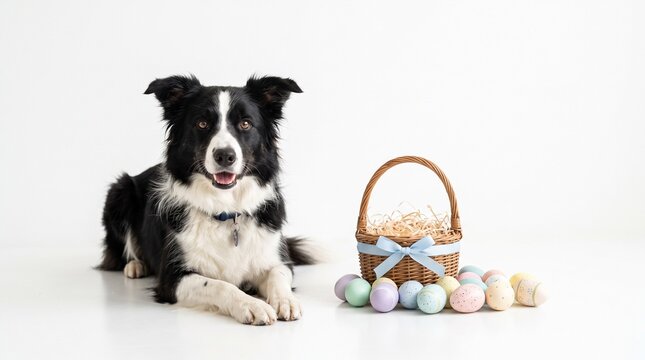 border collie dog lying next to a basket filled with colorful easter eggs