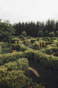 Brenguli parish, Valmiera Municipality, Latvia - 27 July 2023: View of a hedge maze featuring wooden sculptures set within a lush green garden landscape under an overcast sky.