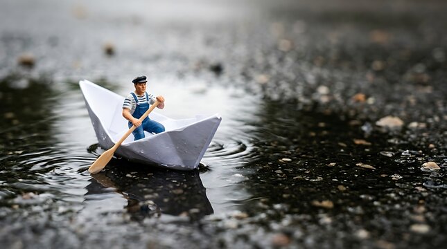 Miniature sailor rowing a white paper boat in a rain puddle