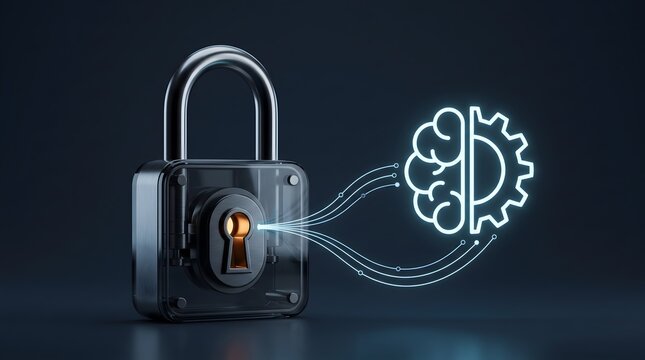 Glass padlock with glowing lines connected to a glowing brain gear icon. Concept for artificial intelligence security.