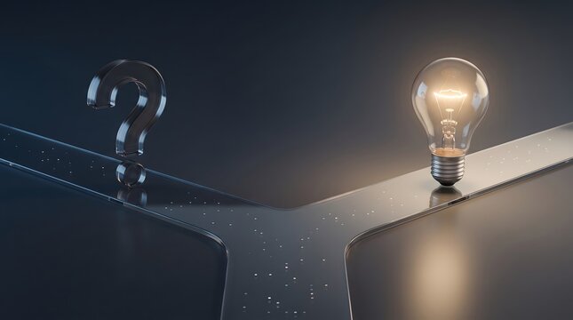 Transparent question mark and bright lightbulb standing on a diverging glass path. Concept of innovation and choices.