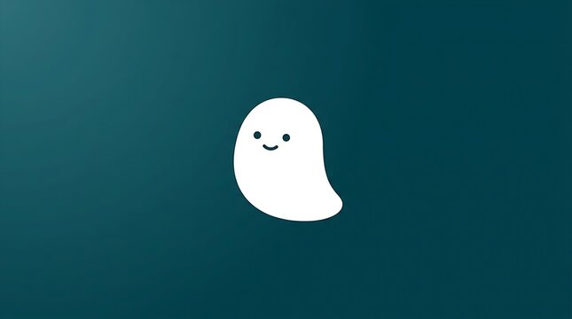Cute Ghost Minimalist White Spirit Character on Dark Teal Background for Halloween Seasonal Web Hero Header and Presentation Design