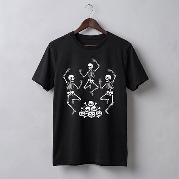Black cotton t-shirt with dancing skeletons, Halloween apparel mockup on wooden hanger, spooky graphic tee with skull pile