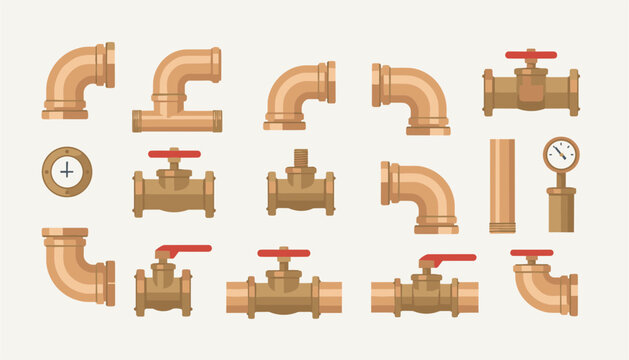 Collection of brass pipe fittings, elbows, valves, and a pressure gauge isolated on a pale background.