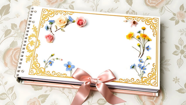 Spiral bound photo album with floral arrangement and pink bow, isolated on white background