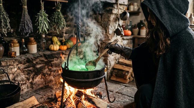 Mystical hooded witch brewing green potion in iron cauldron, dark fantasy sorceress cooking magical elixir over open fire, rustic medieval alchemy laboratory with dried herbs