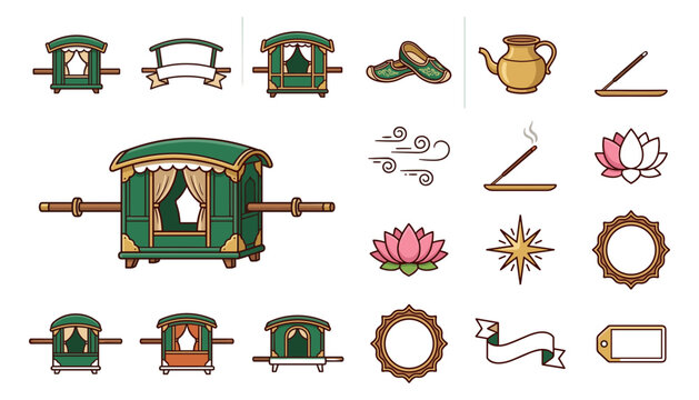 Traditional Asian Palanquin and Royal Litters Vector Icon Set Featuring Jutti Shoes, Brass Pot, Incense Sticks, Lotus Flowers, and Vintage Ribbon Banners