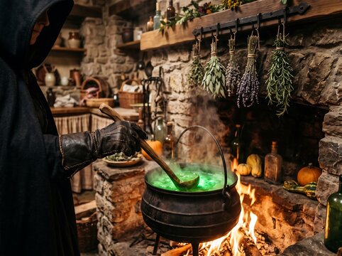 Mystical hooded witch brewing green potion in cast iron cauldron, medieval stone kitchen with fireplace and dried herbs, dark fantasy sorcerer preparing magic elixir in cottage