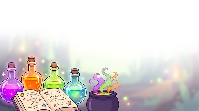 Magic Potion Bottles with Ancient Spellbook and Smoking Cauldron for Witchcraft Alchemy Concept on Bright Halloween Banner with Copy Space