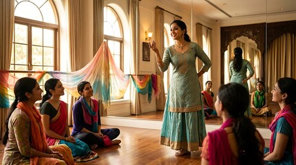 Fototapeta premium Indian Classical Dance Instructor Leading a Workshop in Studio