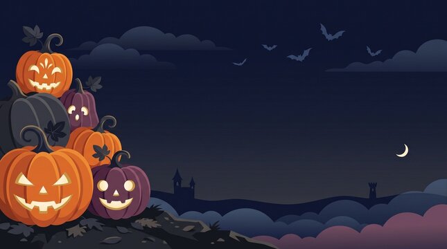 Group of glowing carved halloween pumpkins on a spooky night landscape with bats and crescent moon