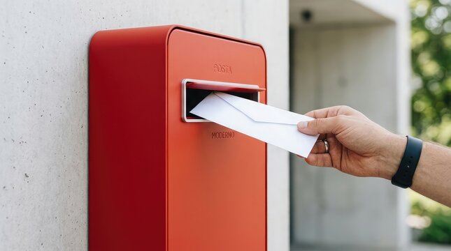 Hand dropping a white envelope into a vibrant red mailbox on a bright day modern postal service concept